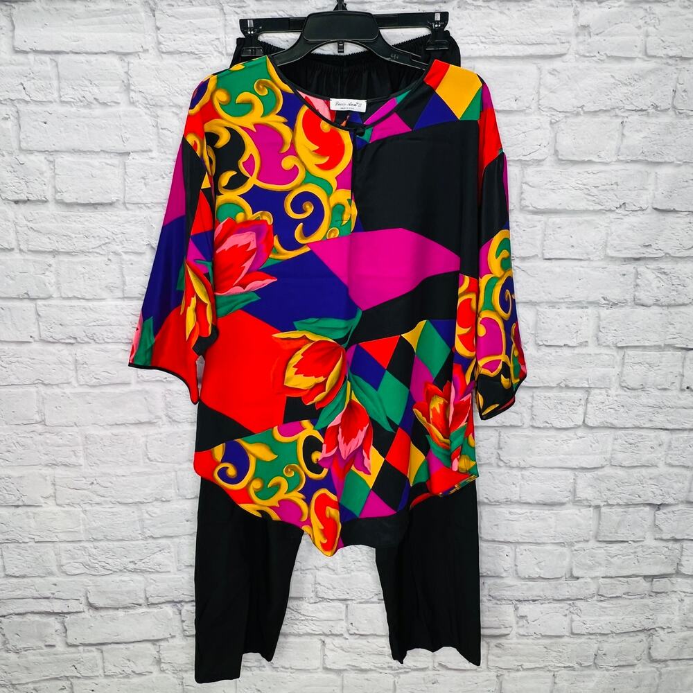 Vintage Lucie Ann II Lounge Set Size L Bright Colorblock Top Pants Floral Black